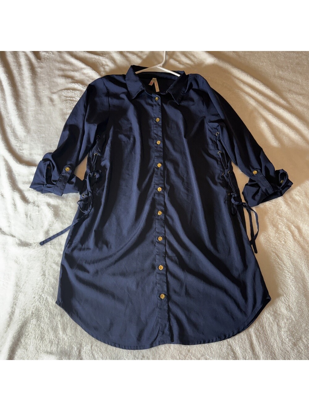 True Destiny Lace Up Side Button Front Shirt Dress | Women's S Blue (2114)
